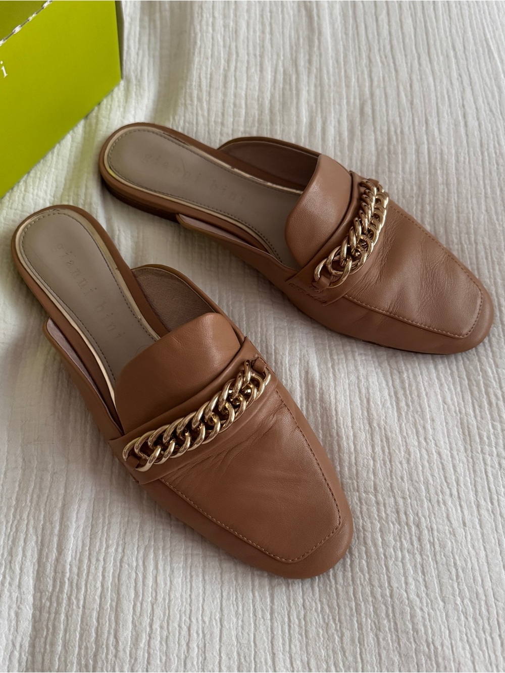 Gianni Bini Magley Tan Leather Chain-Trim Slip-On Mules